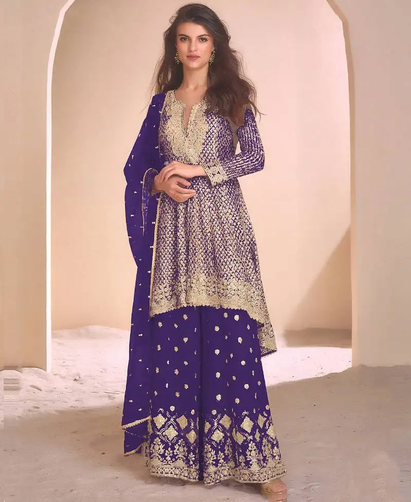 New blue high low style wedding wear georgette salwar suit for women semi stitched