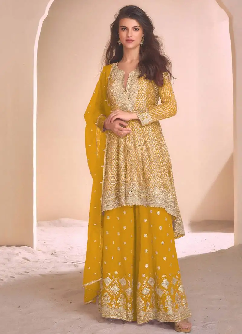 New yellow high low style wedding wear georgette salwar suit for women semi stitched