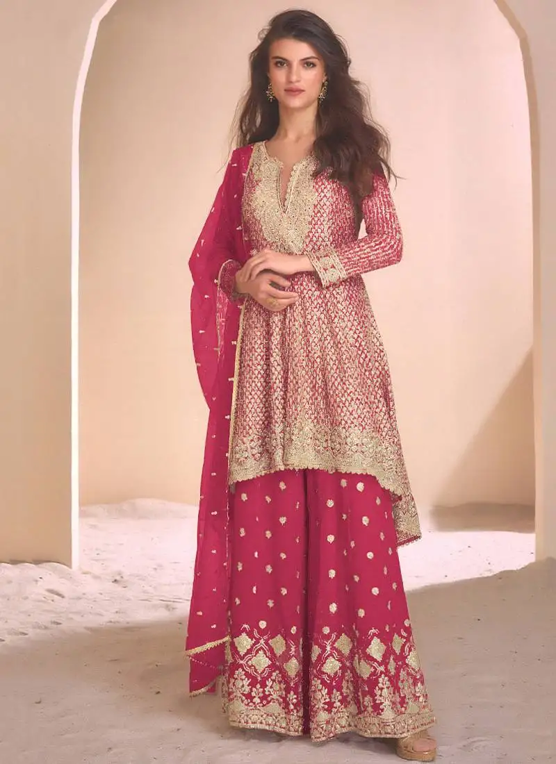 New rani pink high low style wedding wear georgette salwar suit for women semi stitched