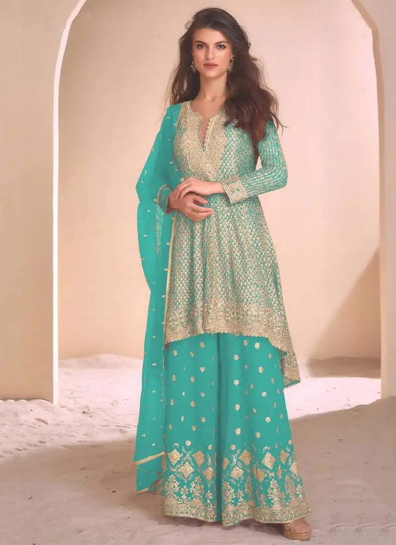 New sky blue high low style wedding wear georgette salwar suit for women semi stitched