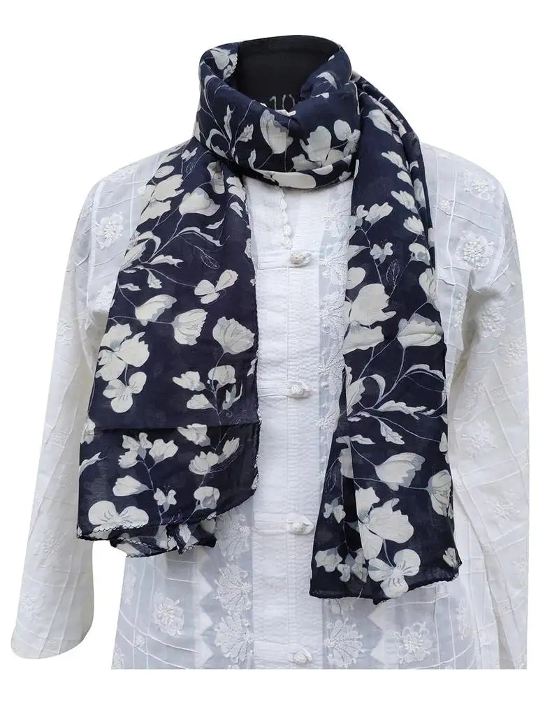 Classy muslin fabric blue printed scarf