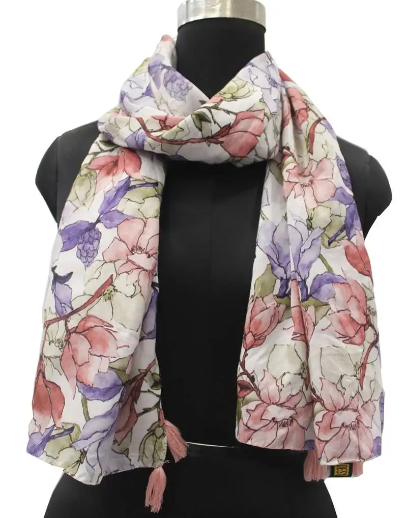 Desibutik trends gorgeous muslin fabric multicolor printed women scarf::Stoles with tassels