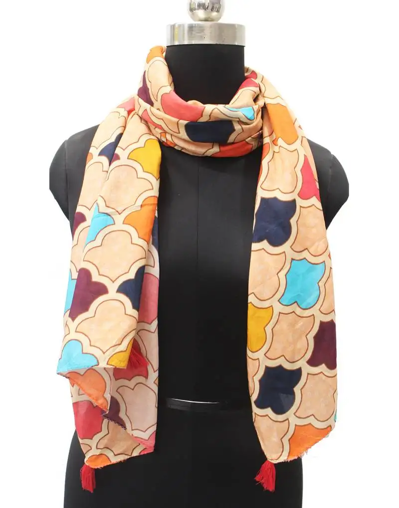 Desibutik trends divine muslin fabric multicolor printed women scarf::Stoles with tassels