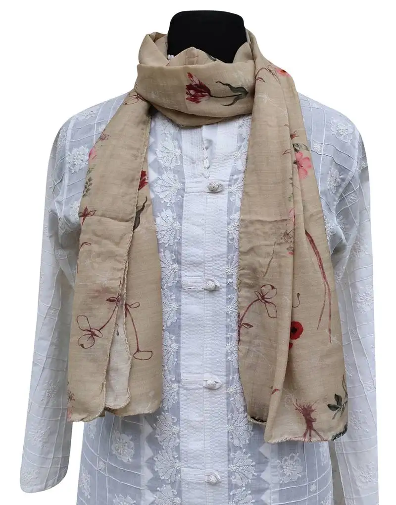 Pleasing muslin fabric beige printed scarf