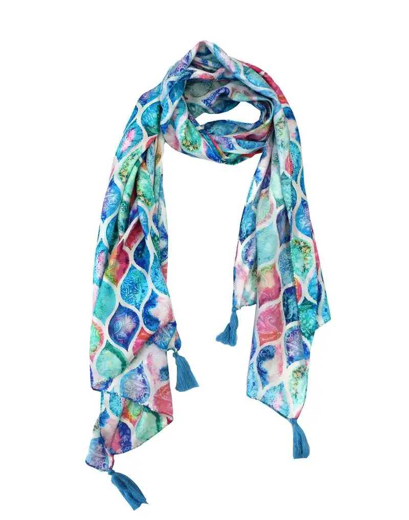 Classy muslin fabric multicolor printed women scarf::Stoles with tassels