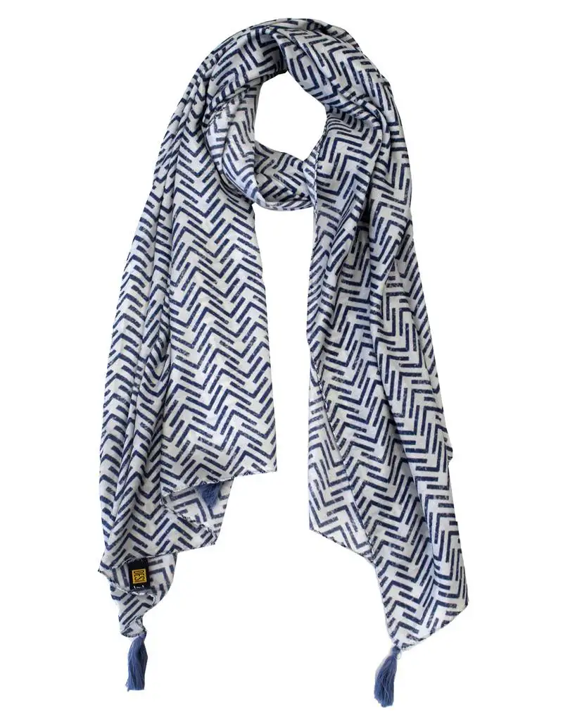 Stunning muslin fabric navy blue printed women scarf::Stoles with tassels