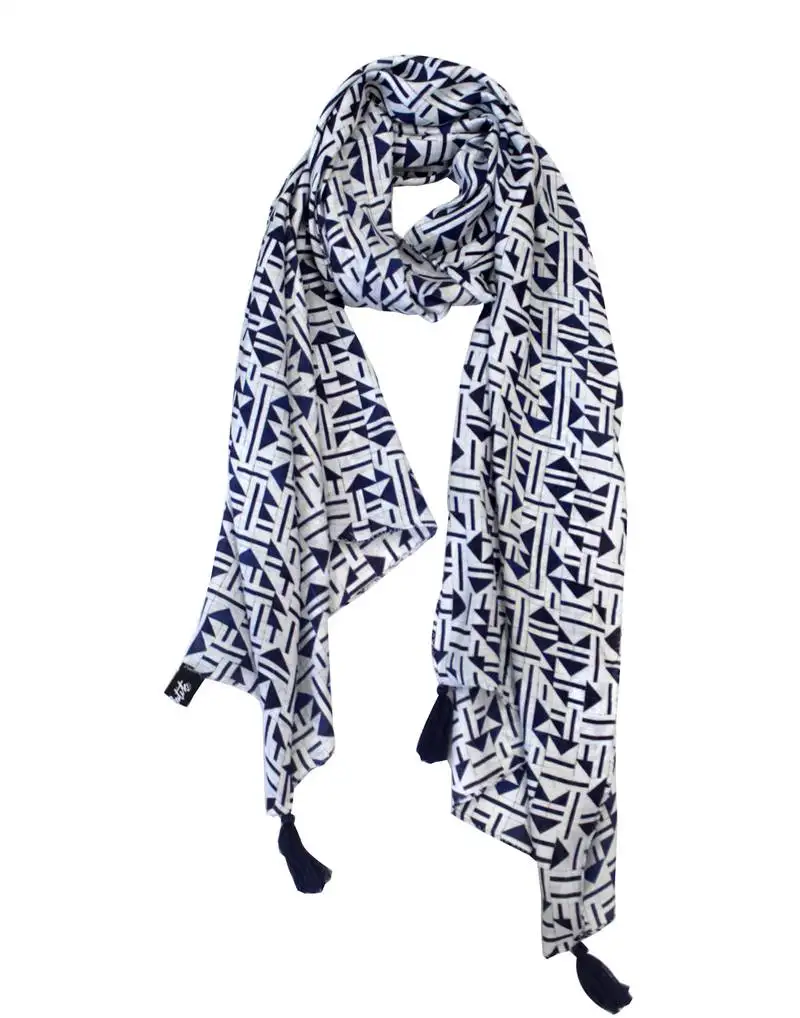 Alluring muslin fabric navy blue printed women scarf::Stoles with tassels