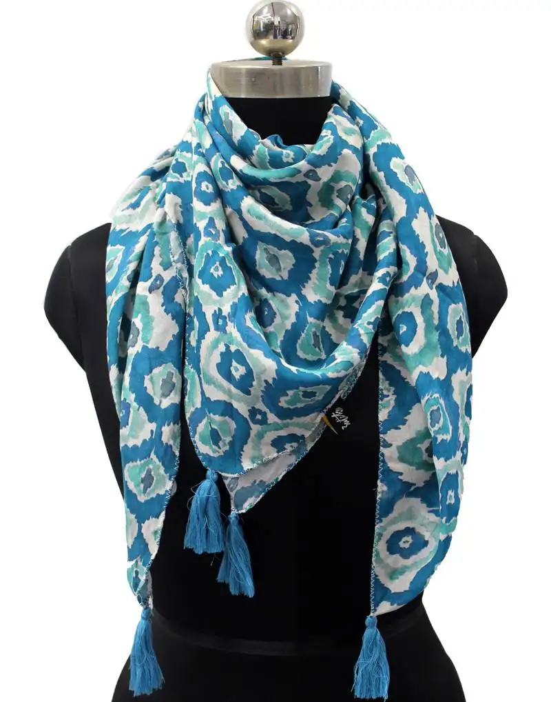 Pleasing viscose fabric blue printed women square scarf