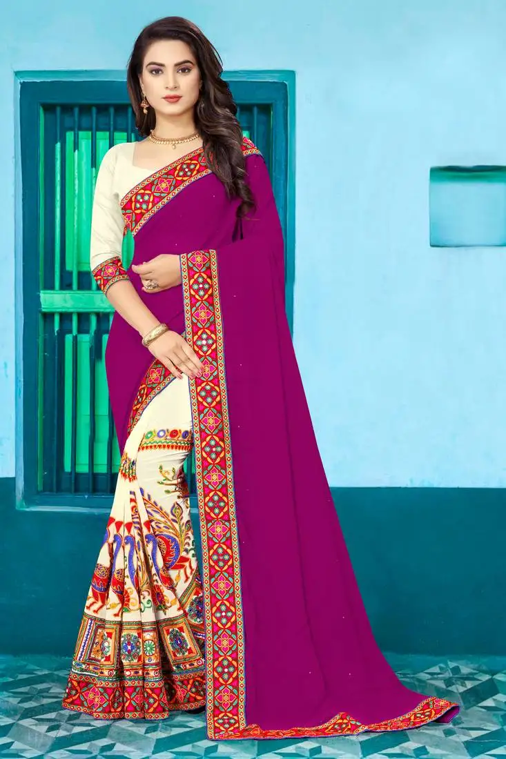 Purple embroidered georgette saree with blouse