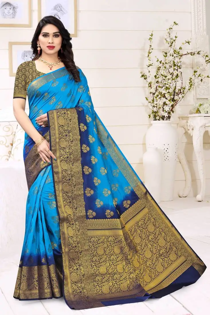 Light blue printed art silk saree with blouse