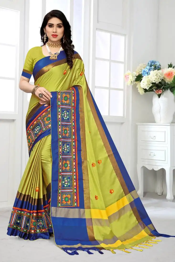 Yellow embroidered cottonSilk saree with blouse