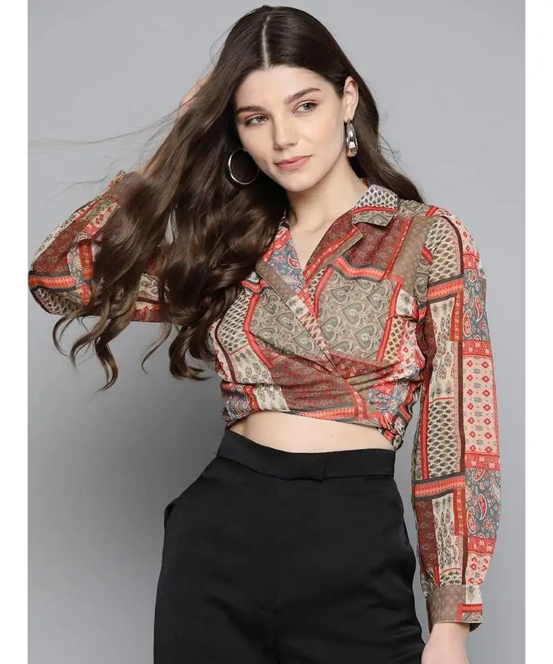 Brown patch tie knot crop shirt top