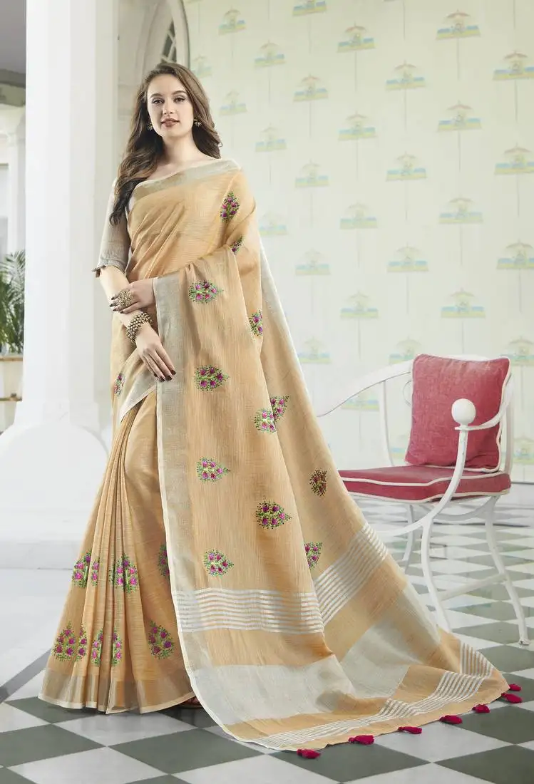 Peach linen cotton embroidery traditional saree
