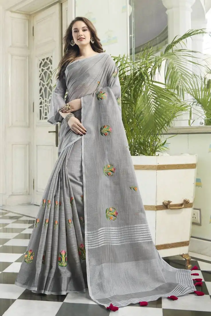 Grey linen cotton embroidery traditional saree