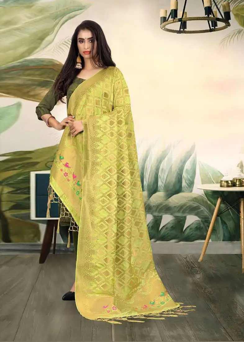 Pista green banarasi silk weaving work traditional tassel dupatta