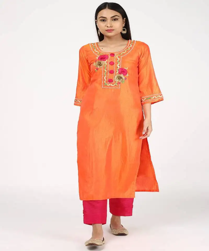Hand embroided orange silk kurti with silk trousers