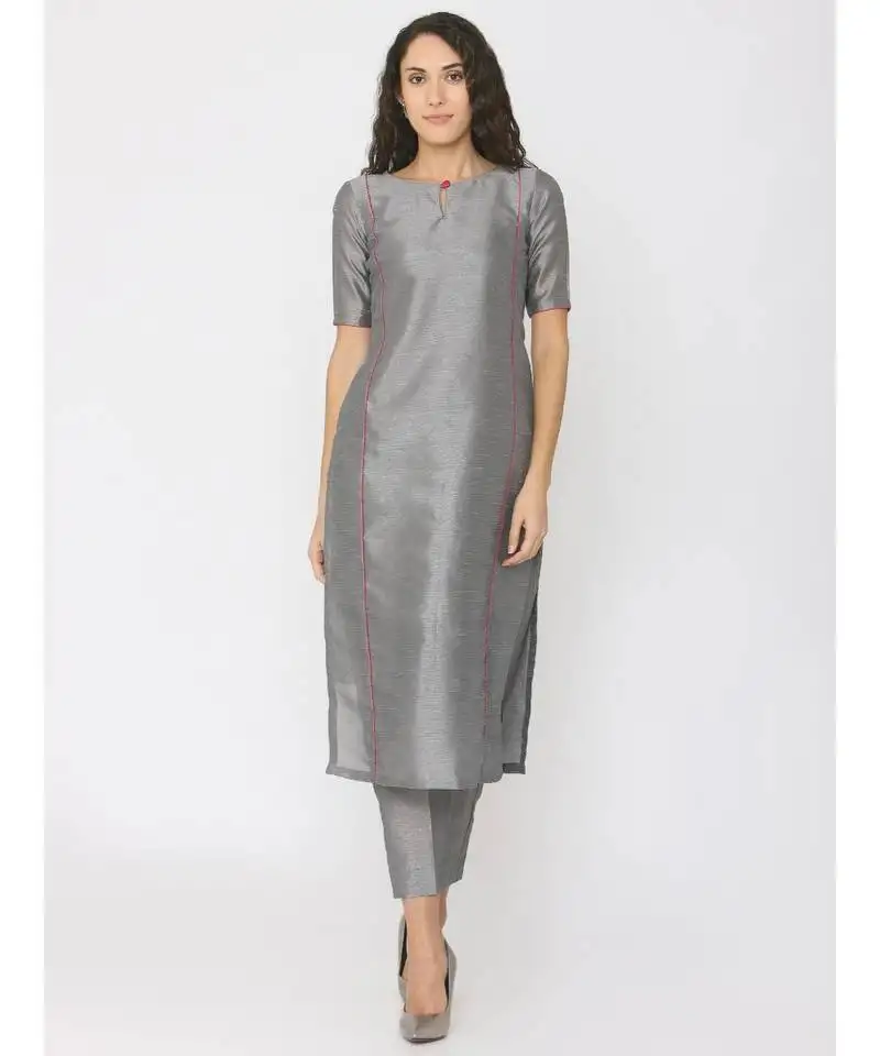 Grey silk plain kurta set