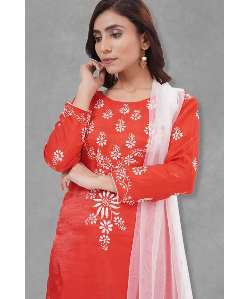 Chikankari red art silk kurti set paired with white bottom and white duppatta