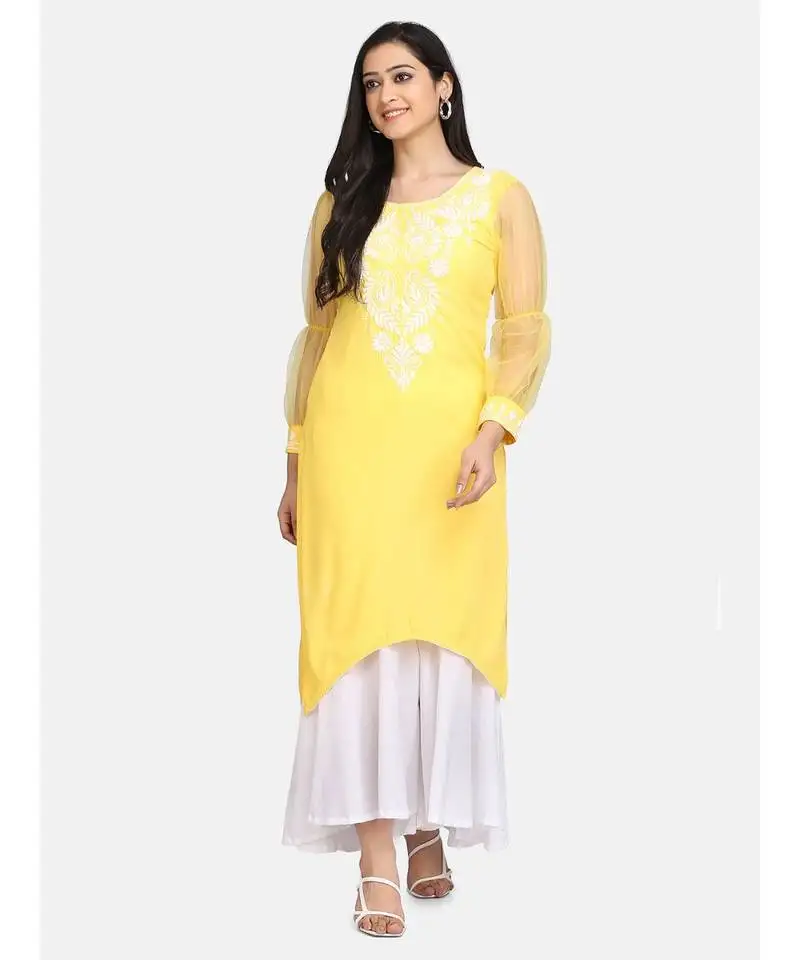 Yellow chikankari kurti with white bottom