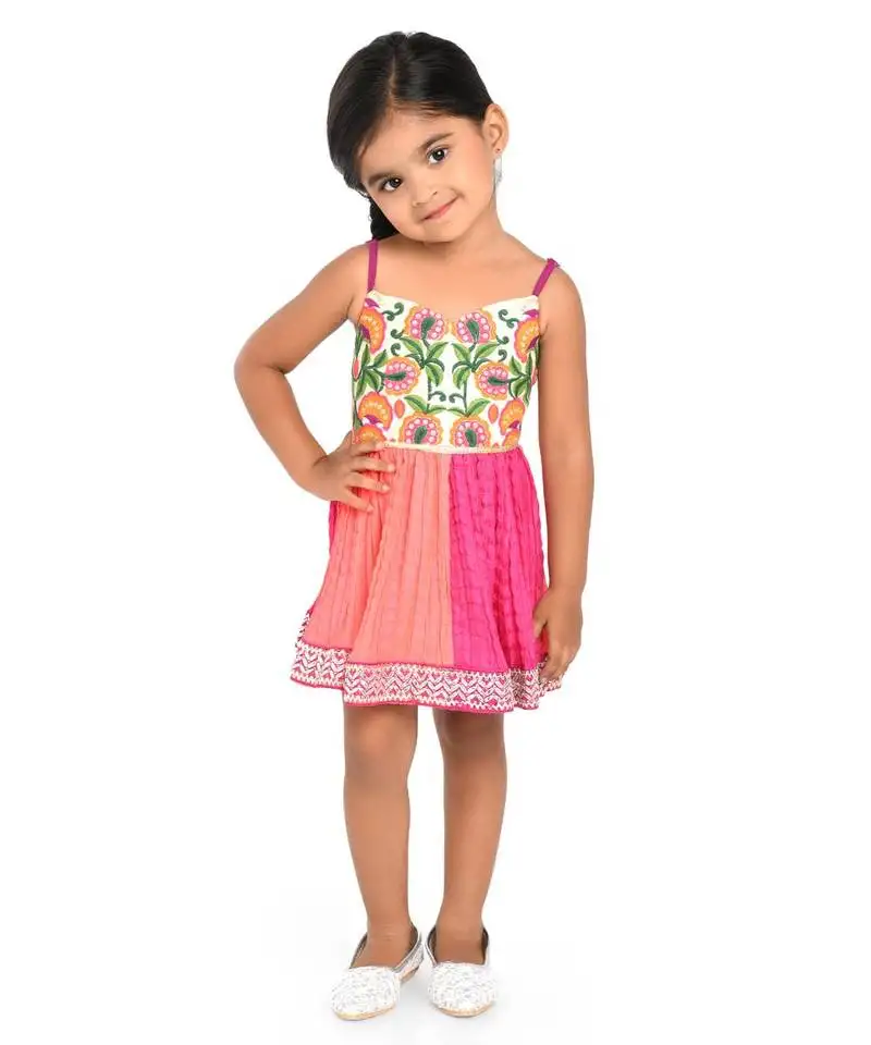 Twisha embroidery on yoke with ombre effect crush art silk in flare : pink