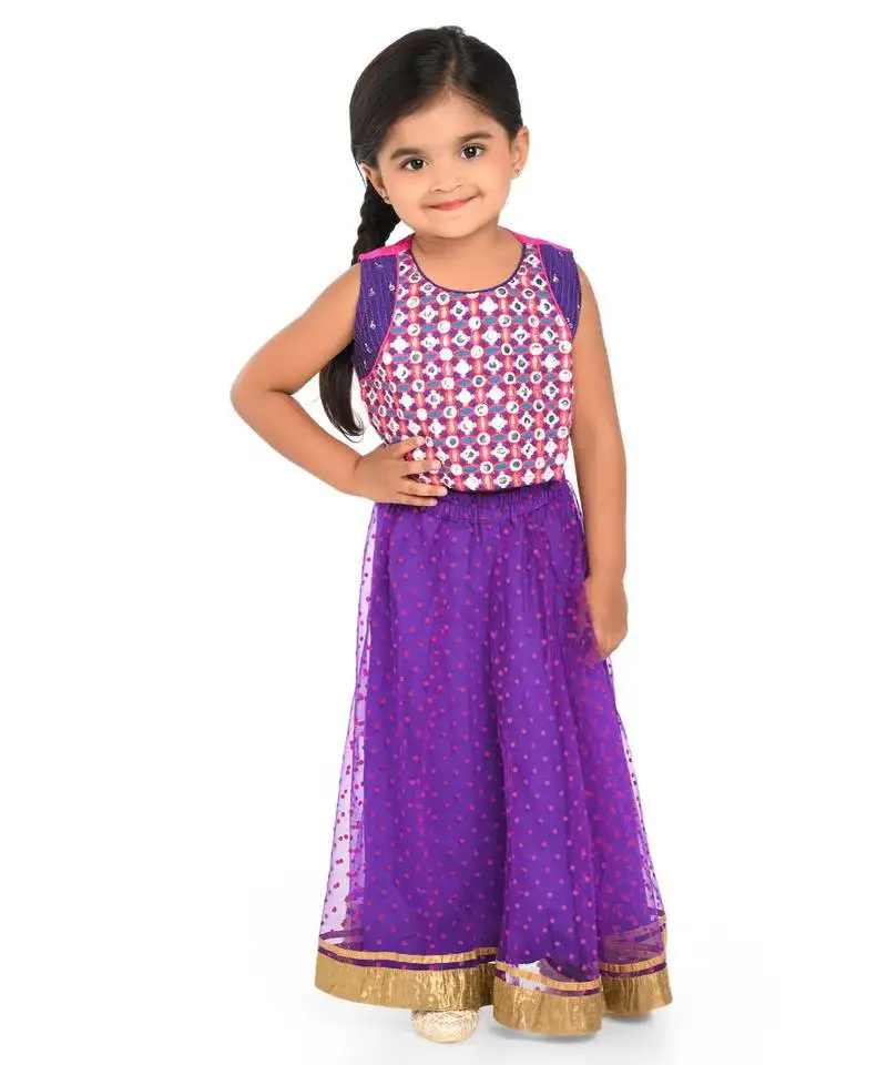Twisha mirror embroidery blouse with polka flock print net lehanga - purple