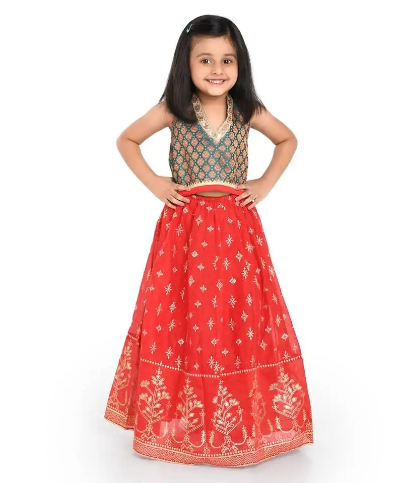 Twisha brocade blouse with block print lehanga & frilled dupatta - ramagreen