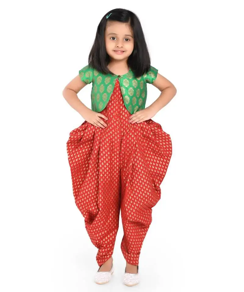 Twisha stylish sphagetti pst printed dhoti jumpsuit with brocade jacket :- maroon