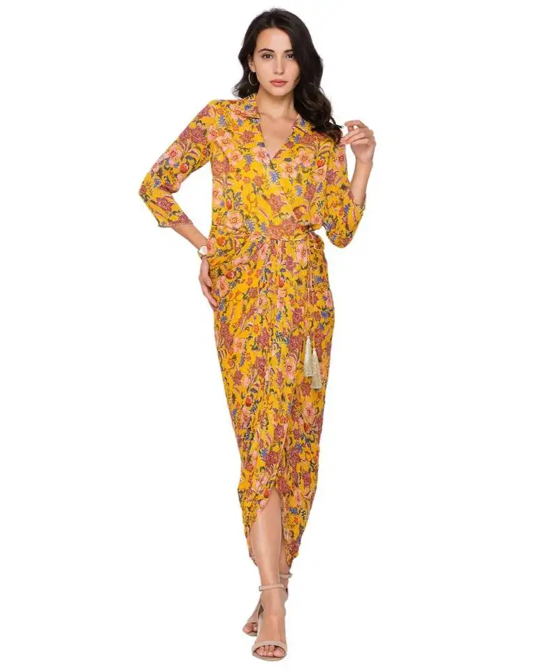Yellow overlap sequence printed drape dress