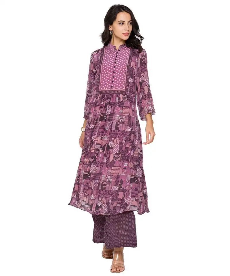 Purple printed kurta with potli details paired with plazzo pants