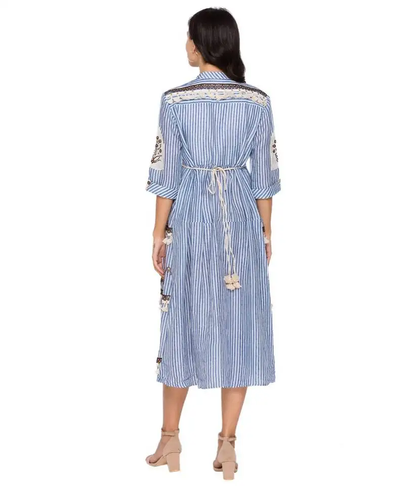 Blue printed tier dress with leather cutwork embroidery