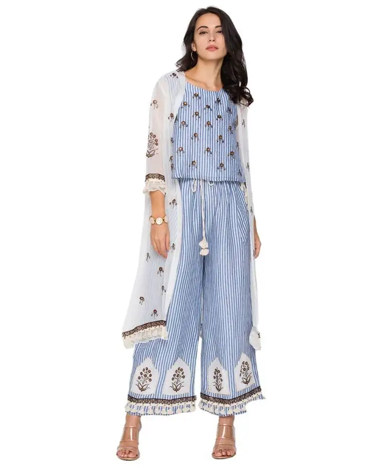 Blue printed top with pants and organze jacket with leather cut work embroidery