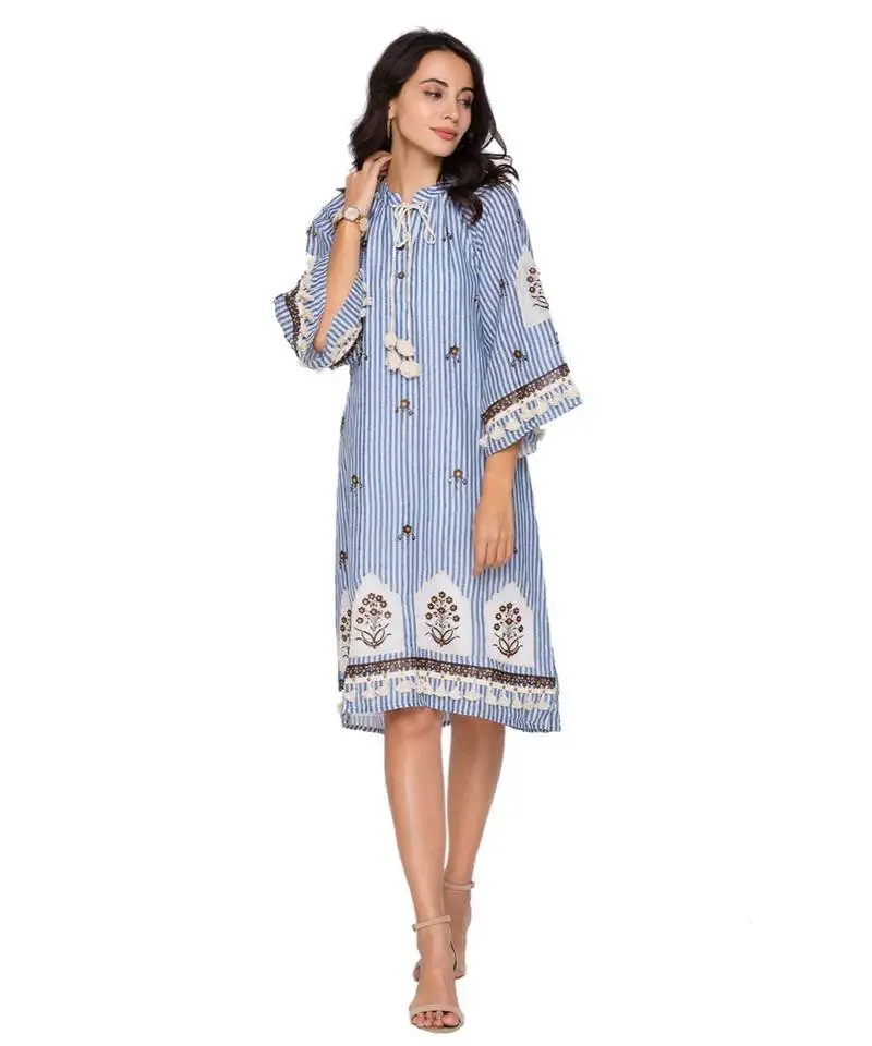 Blue printed short dress with leather cutwork embroidery