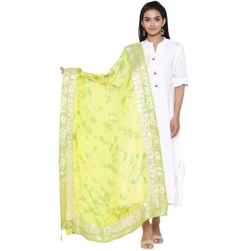 Yellow green tie dye gota patti dupatta