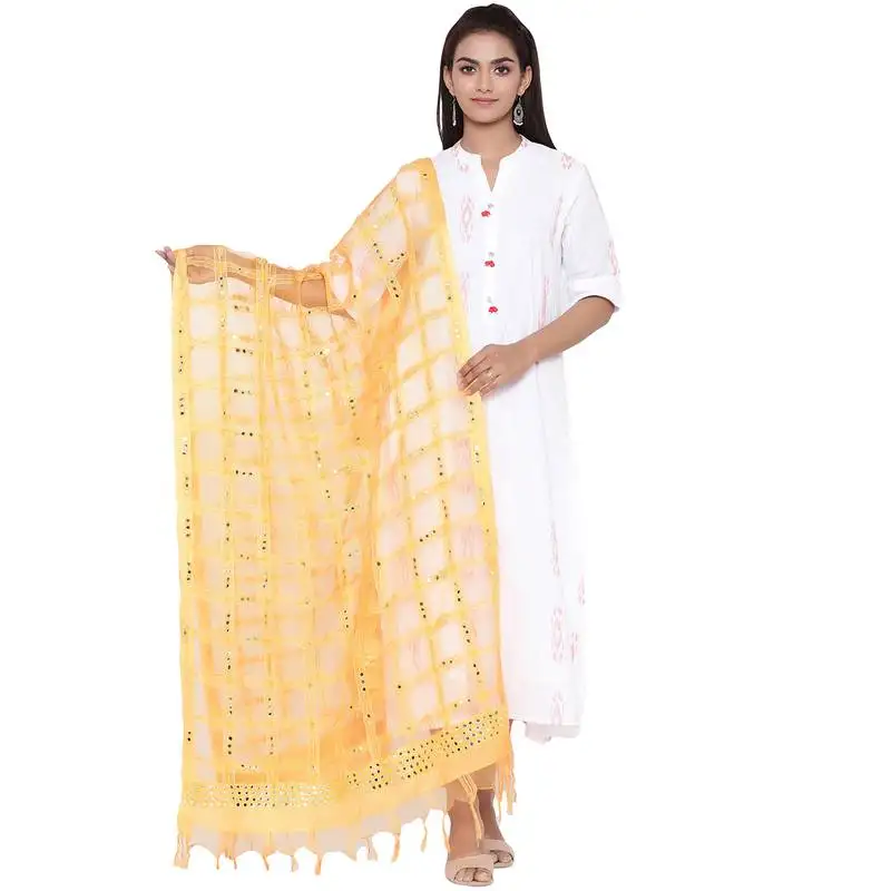Yellow organza checks design dupatta