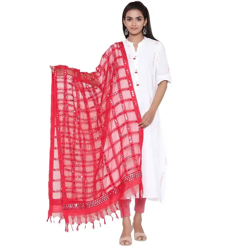 Red organza checks design dupatta