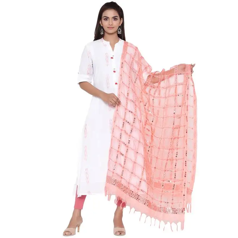 Peach organza checks design dupatta