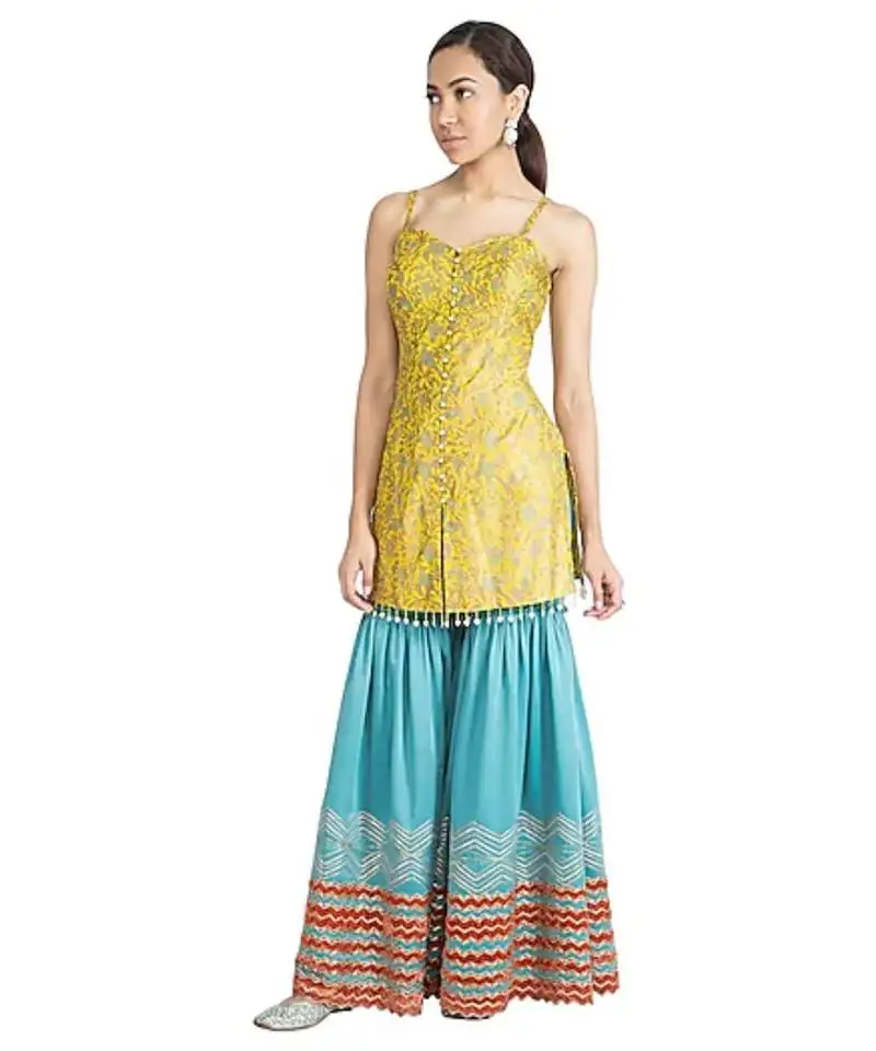 Show shaa chevron garara set with block printed silk strap tunic