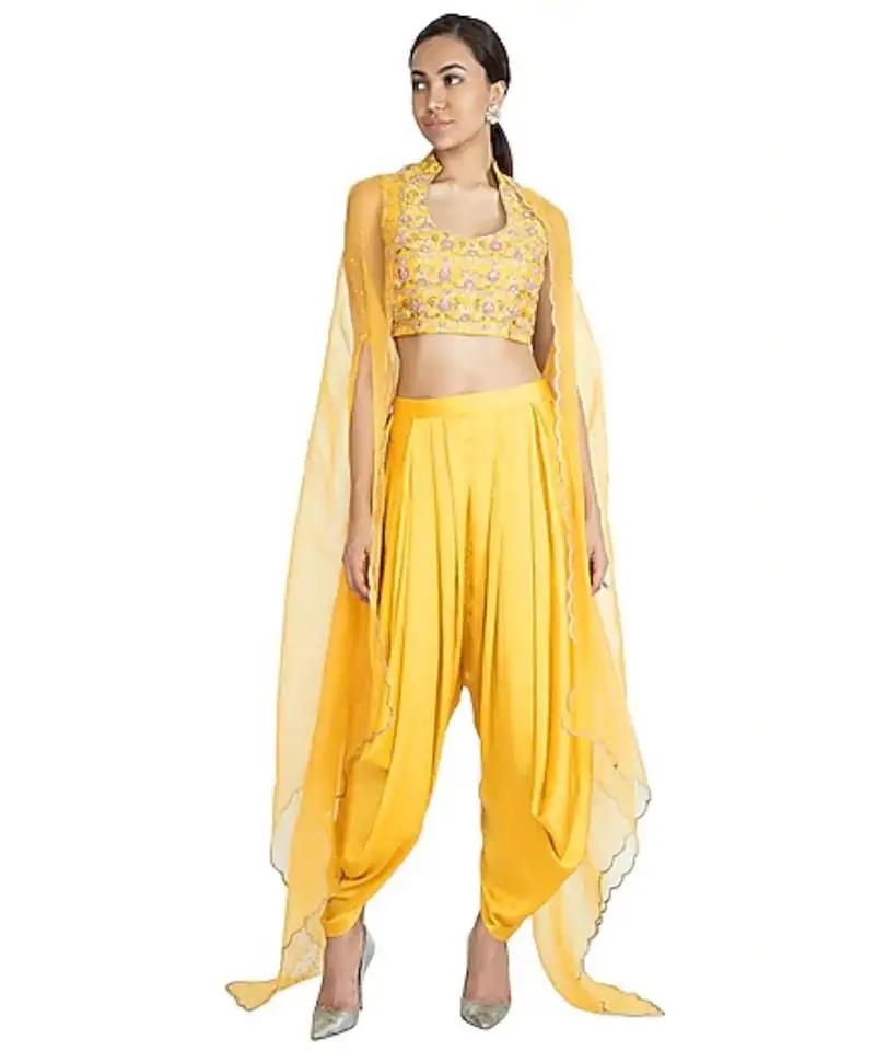 Show shaa yellow floral embroided crop top & dhoti pant accompanied by organza overall