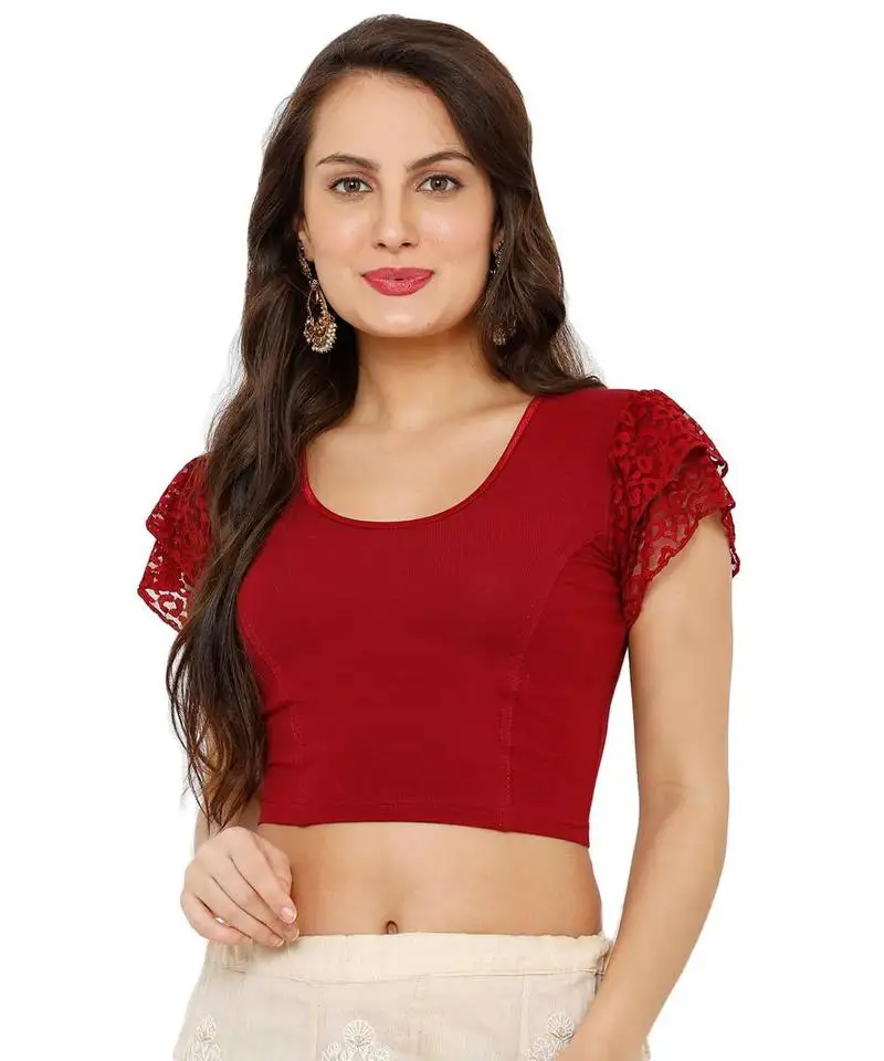 Women's maroon cotton lycra stretchable readymade saree blouse