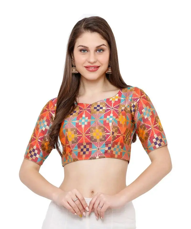 Women's multicolour brocked party wear readymade saree blouse