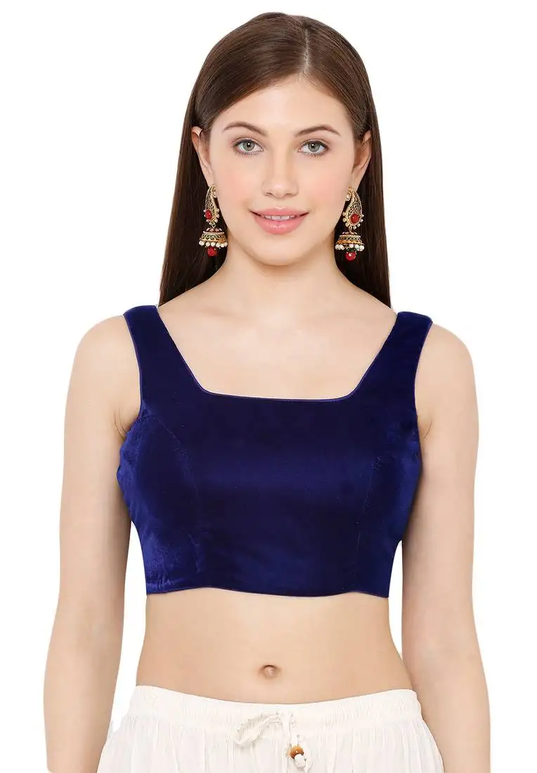 Salwar studio women's royal blue velvet readymade saree blouse