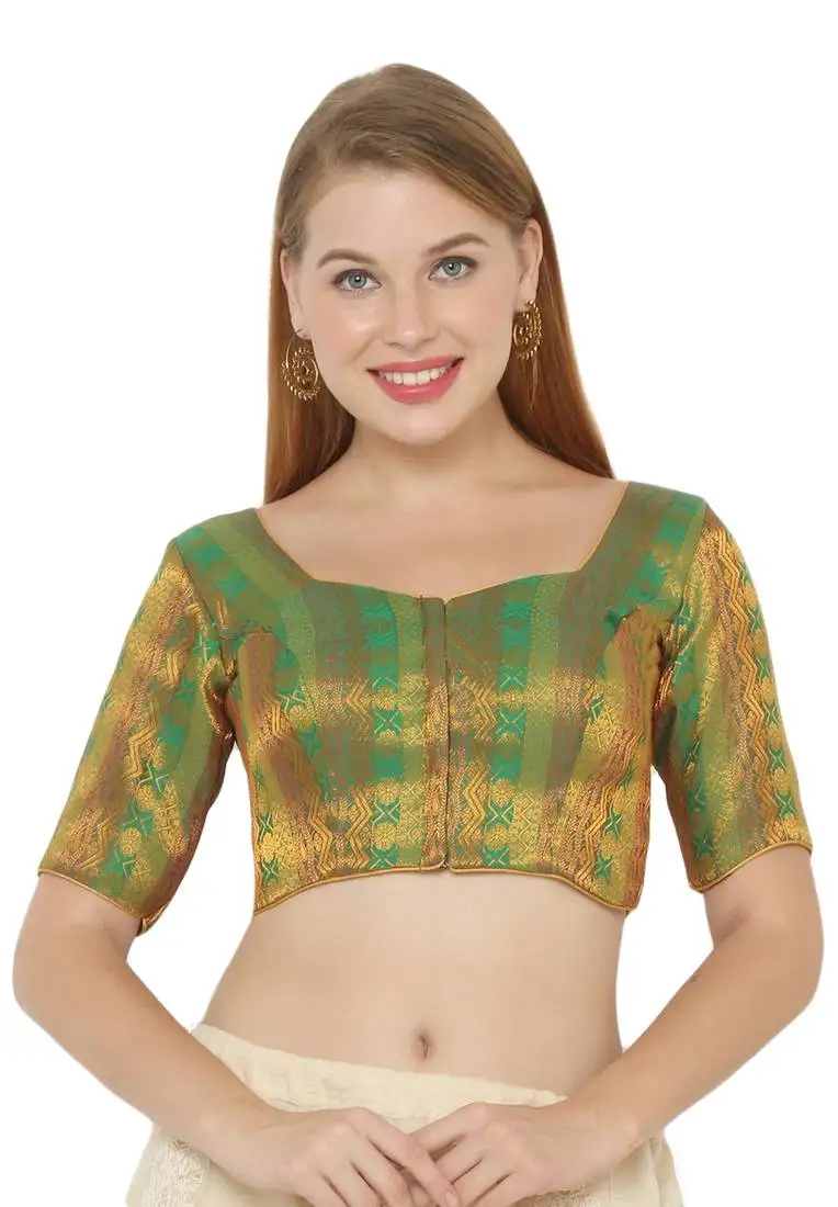Salwar studio women's green jacquard readymade saree blouse