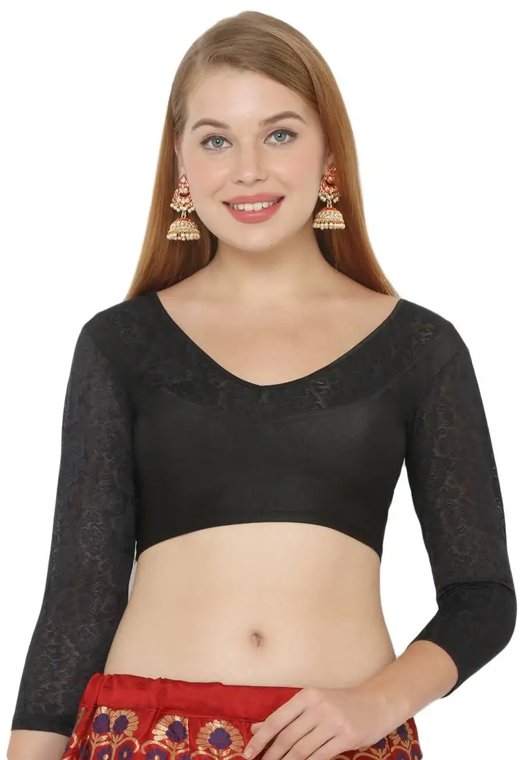 Salwar studio women's black lycra blend stretchable readymade saree blouse
