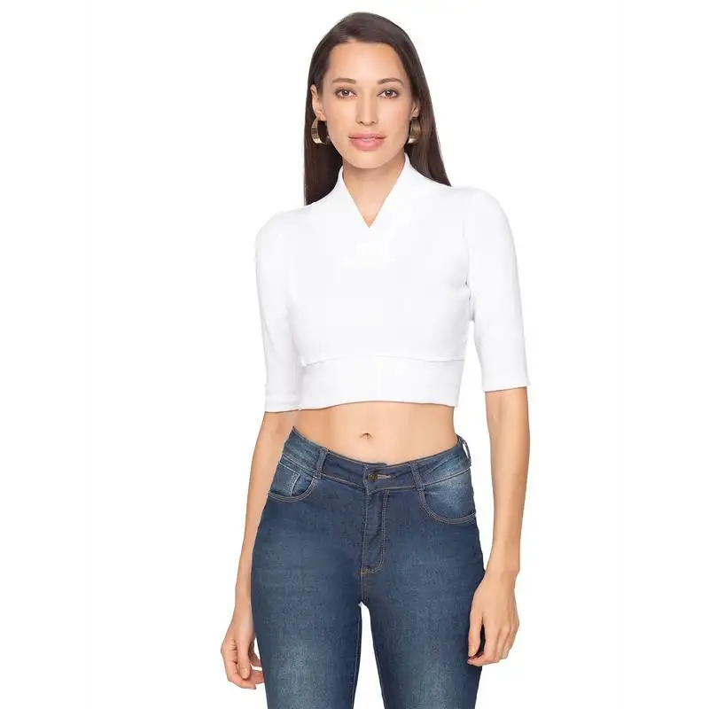 White knitted cotton lycra readymade stretchable saree blouse