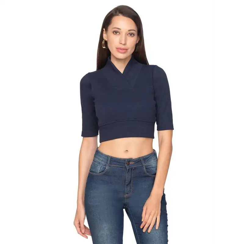 Navy blue knitted cotton lycra readymade stretchable saree blouse