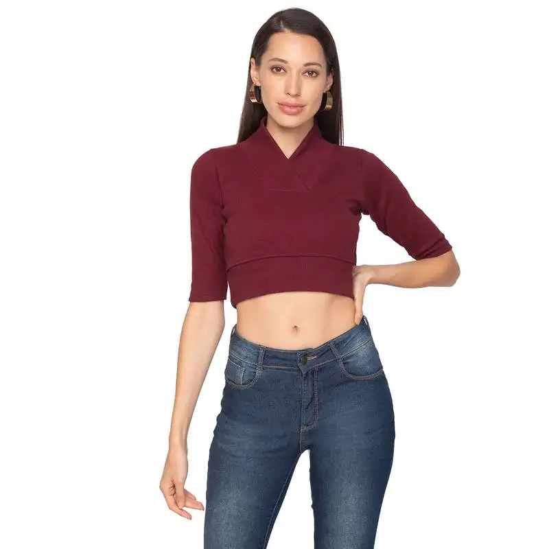 Maroon knitted cotton lycra readymade stretchable saree blouse