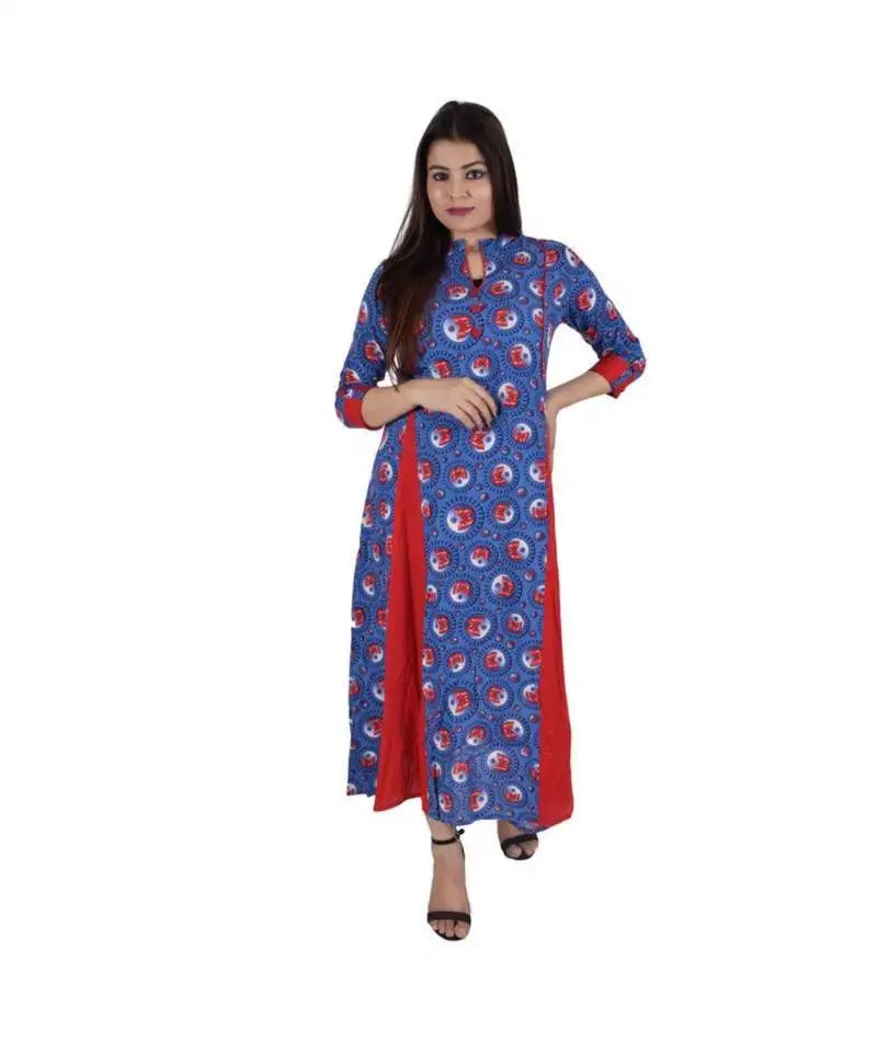 Womens rayon blue box pleated round neck ankle length kurti