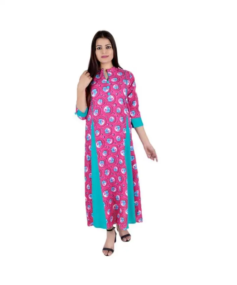 Womens rayon pink box pleated round neck ankle length kurti