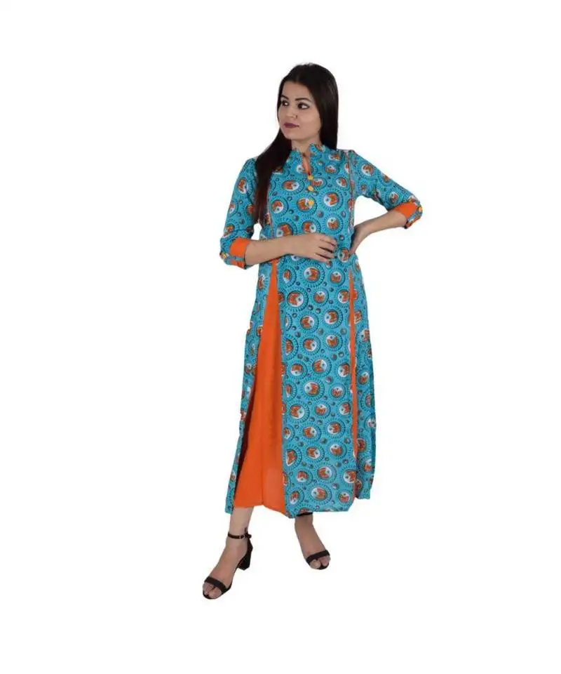 Womens rayon turquoise box pleated round neck ankle length kurti