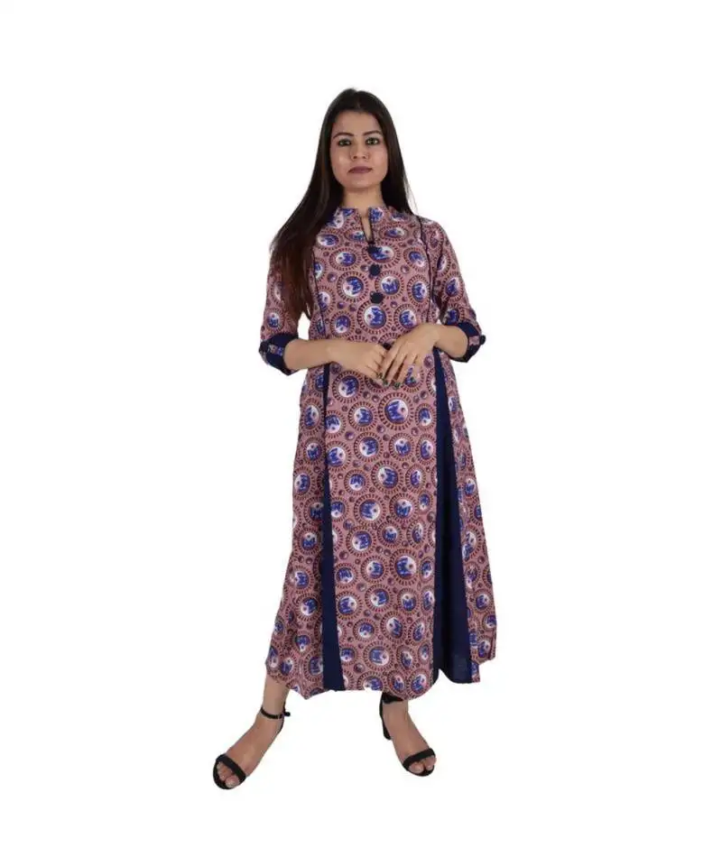 Womens rayon voilet box pleated round neckankle length kurti